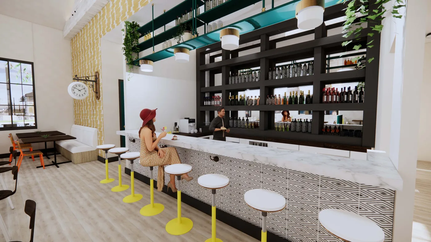 Client concept brunch bar with yellow stools and patterned tile