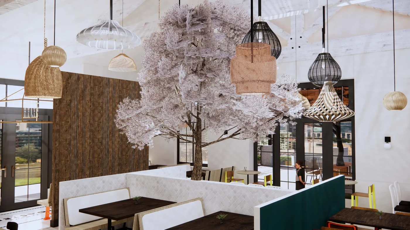 Client concept dining area with a flowering dogwood tree