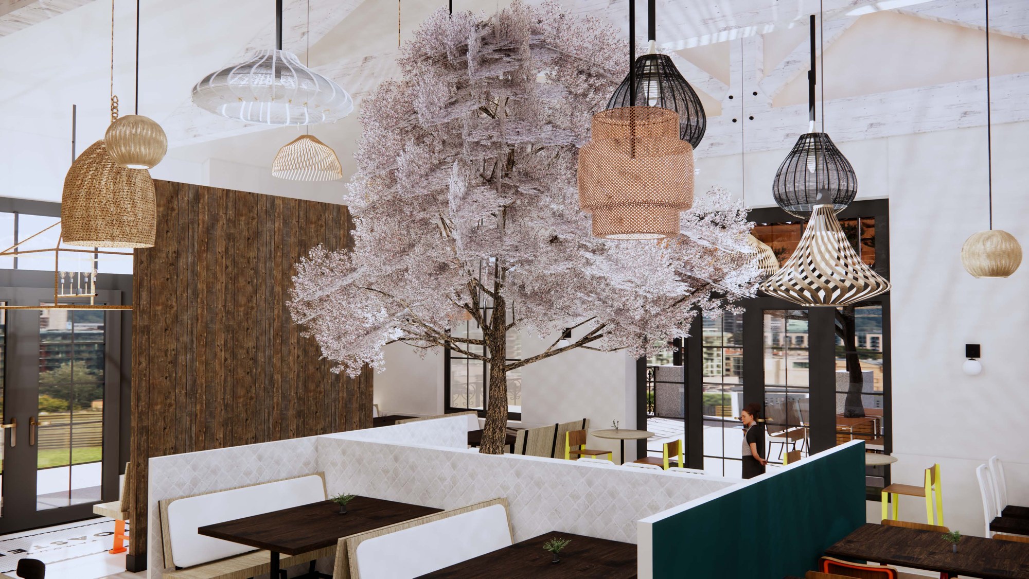 Client concept dining area with a flowering dogwood tree