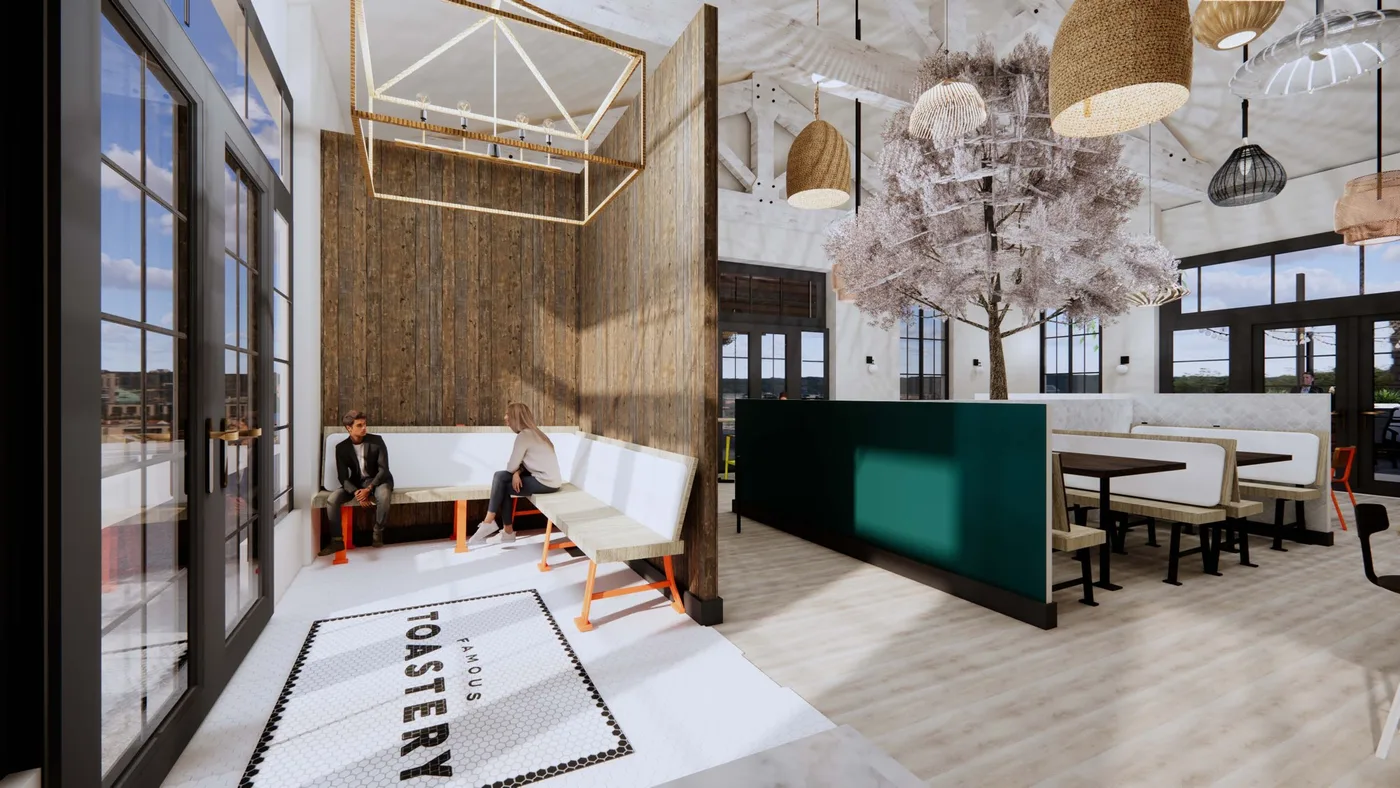 Client concept entry with branded floor and teal host stand