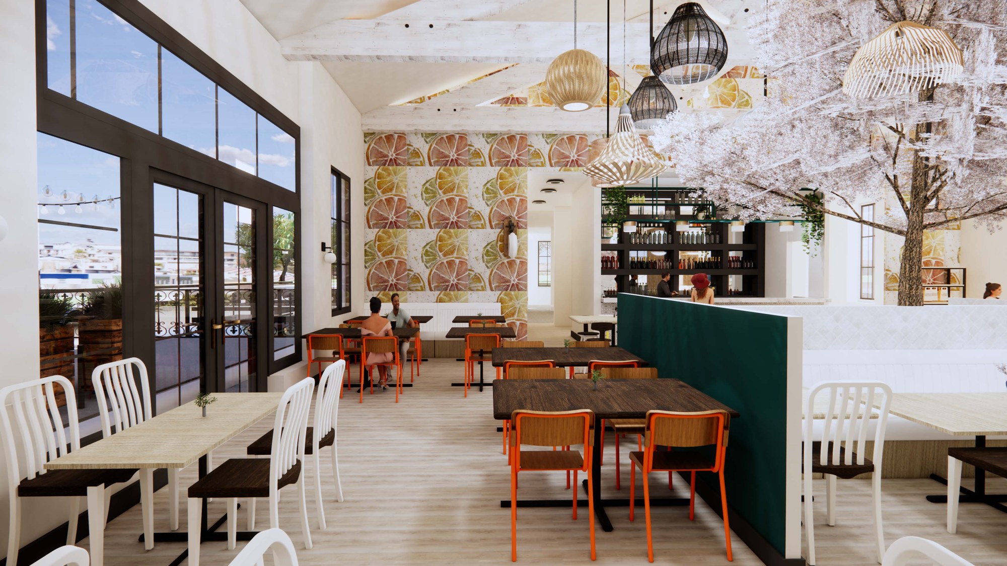 Sunlit Famous Toastery concept dining room with orange chairs