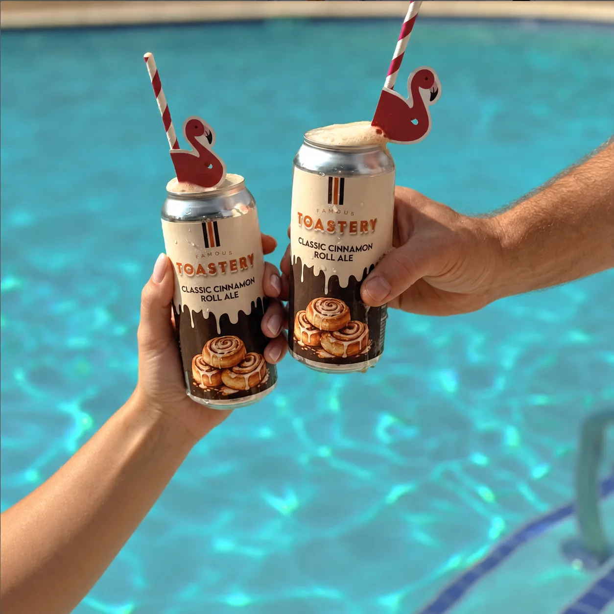 A woman and man toasting Famous Toastery cinnamon roll ale beside a pool