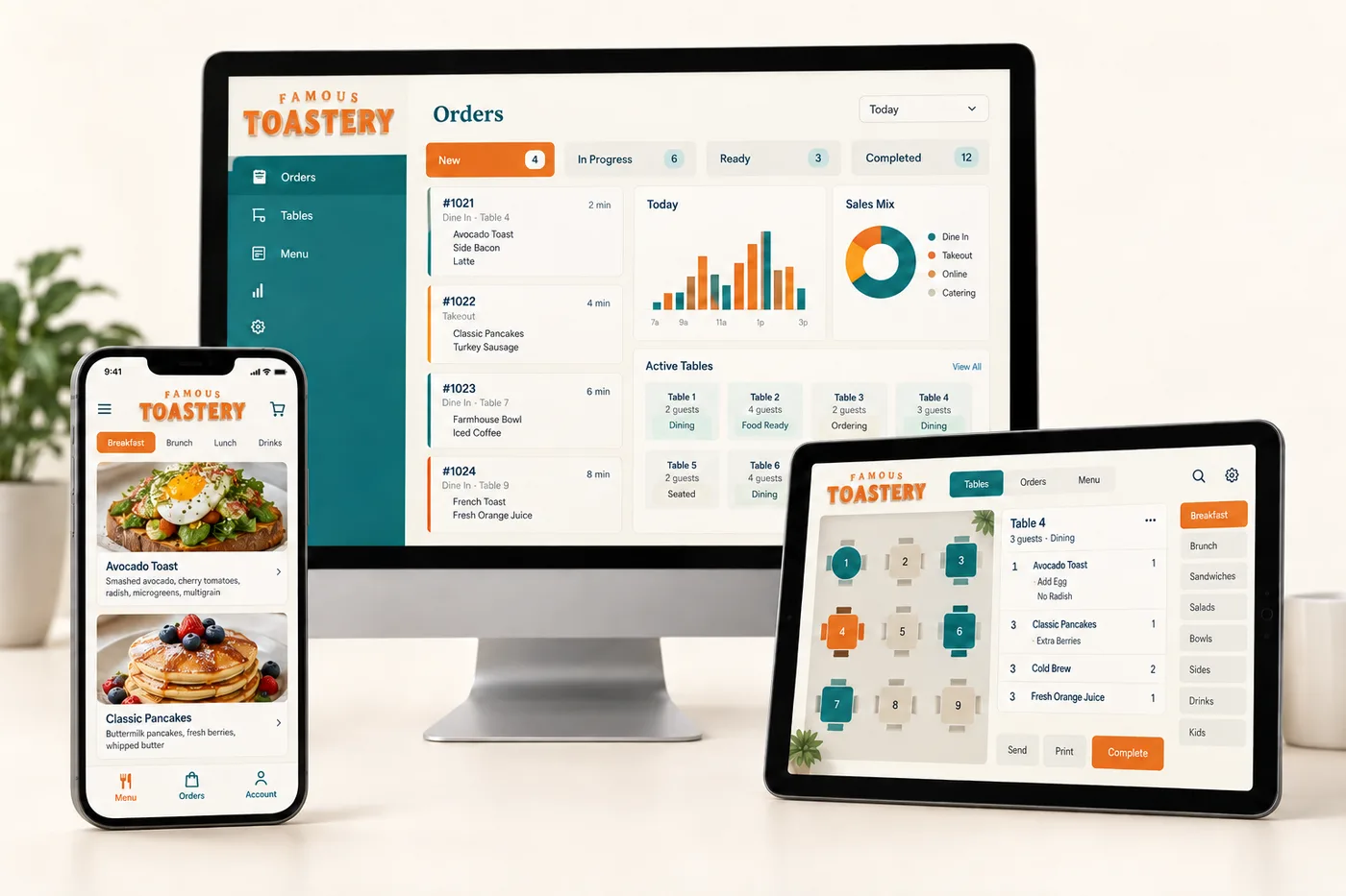 Illustrative Famous Toastery technology concept showing mobile ordering, a desktop operations dashboard, and tablet table service
